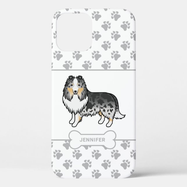 Blue Merle Sheltie With Paws, Dog Bone & Name Case-Mate iPhone Case (Back)