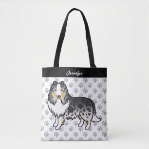 Blue Merle Shetland Sheepdog Cartoon Dog & Name Tote Bag