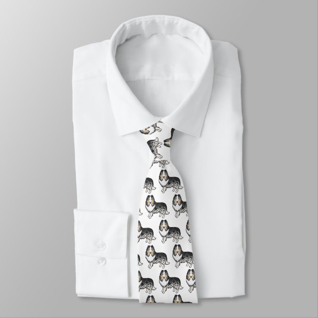 Blue Merle Shetland Sheepdog Cartoon Dog Pattern Tie (Tied)