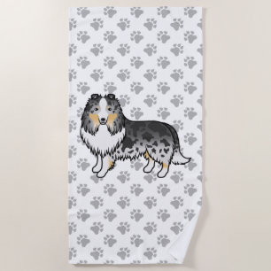 Blue Merle Shetland Sheepdog Cartoon Dog & Paws Beach Towel
