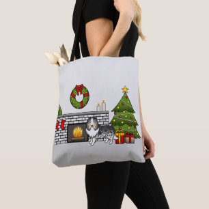 Blue Merle Shetland Sheepdog In A Christmas Room Tote Bag