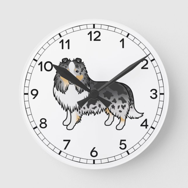 Blue Merle Shetland Sheepdog Sheltie Cartoon Dog Round Clock (Front)