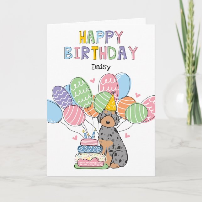 Blue Merle Tan Aussiedoodle Dog Happy Birthday Card (Front)