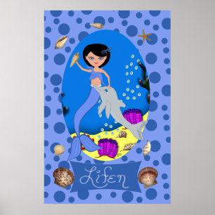 Blue Mermaid and Dolphin Print