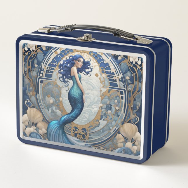 Blue Mermaid Art Nouveau Art Deco Style Metal Lunch Box (Front)