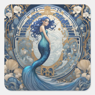 Blue Mermaid Art Nouveau Art Deco Style Square Sticker