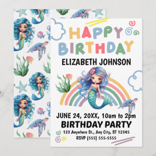 Blue Mermaid Birthday Invitation