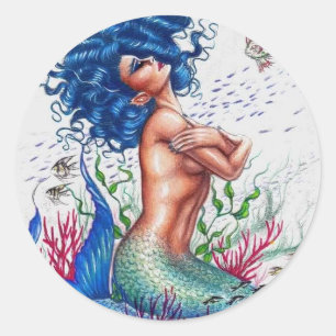 Blue mermaid classic round sticker