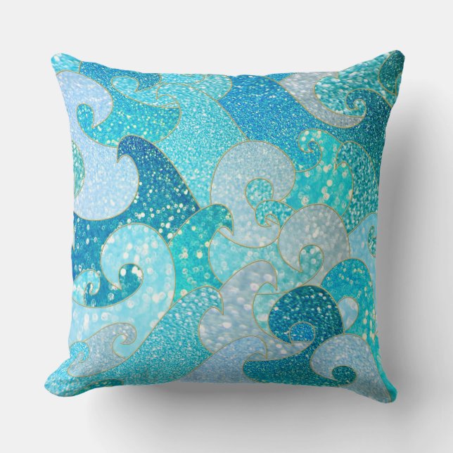 Blue Mermaid Faux Glitter Sea- Teal Gold Ocean Cushion (Front)