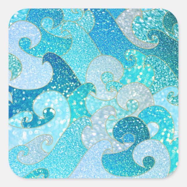 Blue Mermaid Faux Glitter Sea- Teal Gold Ocean Square Sticker (Front)
