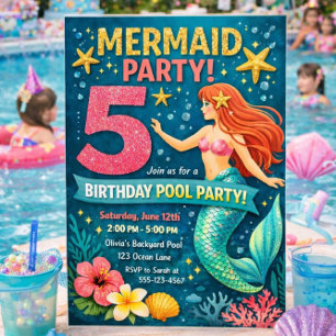Blue Mermaid Fifth Birthday Invitation