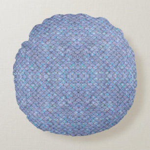 Blue Mermaid Fish Scales Holographic Trendy Glam Round Cushion