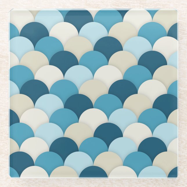 Blue Mermaid Scallop Pattern Modern Nautical Glass Coaster (Front)