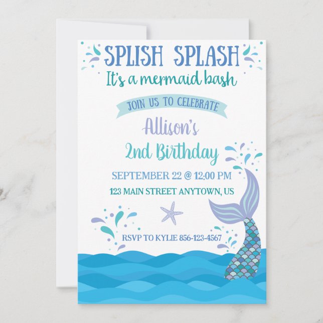 Blue Mermaid Splash Bash Birthday Invitation (Front)