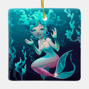 Blue Mermaid Swimming in the Ocean Ceramic Tree Decoration