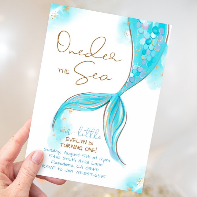 Blue Mermaid Tail 1st Birthday ONEder The Sea Invitation (Creator Uploaded)