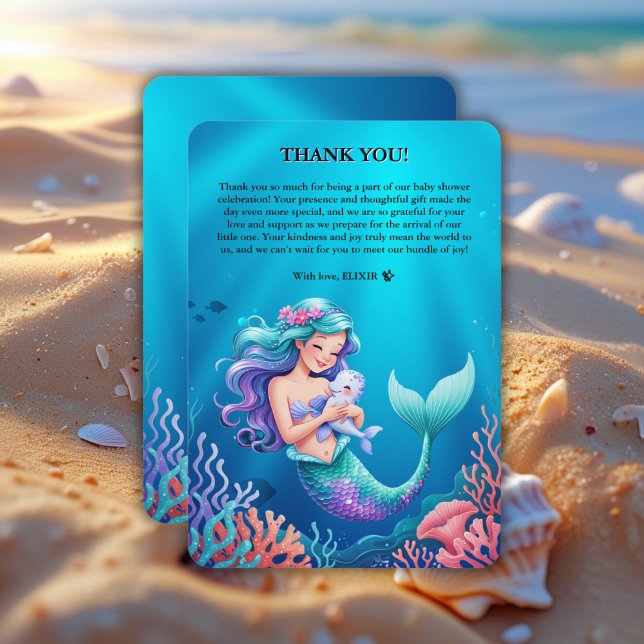 Blue Mermaid Under the Sea Baby Shower Thank You Card (Creator Uploaded)