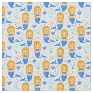 Blue Mermaid Underwater on Pale Blue Fabric