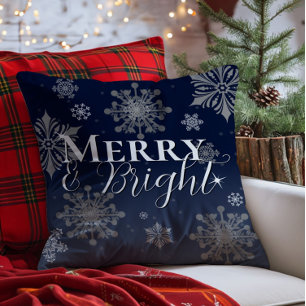 Blue Merry and Bright Snowflakes Christmas Cushion