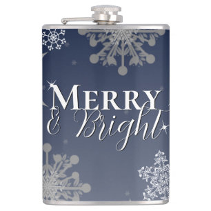Blue Merry and Bright Snowflakes Christmas Hip Flask