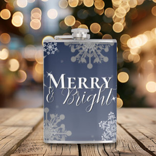 Blue Merry and Bright Snowflakes Christmas Hip Flask