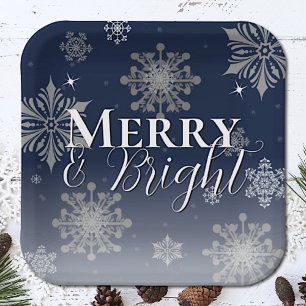 Blue Merry and Bright Snowflakes Christmas Paper Plate