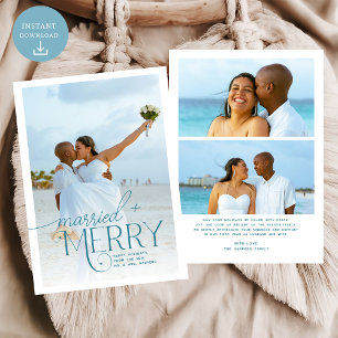 Blue Merry and Married Photo Newlyweds Christmas Holiday Card