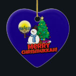 Blue Merry Chrismukkah with Snowman and Menorah Ceramic Tree Decoration<br><div class="desc">Add these fun interfaith (Hanukkah and Christmas) ornaments to your Chrismukkah celebrations this year. If you celebrate the holidays together, these are a nice touch. This is our design and you won't find it anywhere other than in our store. Chrismukkah is celebrated by people usually in families with both Jewish...</div>