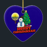 Blue Merry Chrismukkah with Snowman and Menorah Ceramic Tree Decoration<br><div class="desc">Add these fun interfaith (Hanukkah and Christmas) ornaments to your Chrismukkah celebrations this year. If you celebrate the holidays together, these are a nice touch. This is our design and you won't find it anywhere other than in our store. Chrismukkah is celebrated by people usually in families with both Jewish...</div>