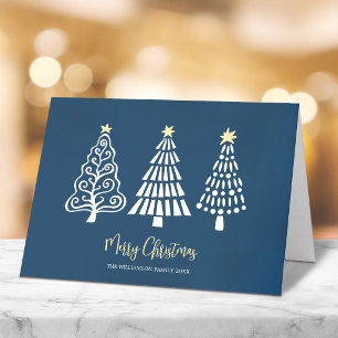 Blue Merry Christmas 3 Trees Script Name Whimsical Holiday Card