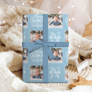 Blue Merry Christmas Calligraphy Family 2 photo Wrapping Paper