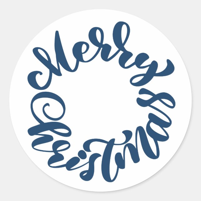 Blue Merry Christmas Calligraphy Wreath Classic Round Sticker (Front)