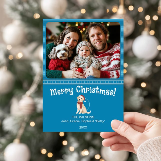 Blue Merry Christmas Dog Family Photo Holiday Card (Blue Merry Christmas holiday card with family photo and golden retriever illustration in Santa hat.)