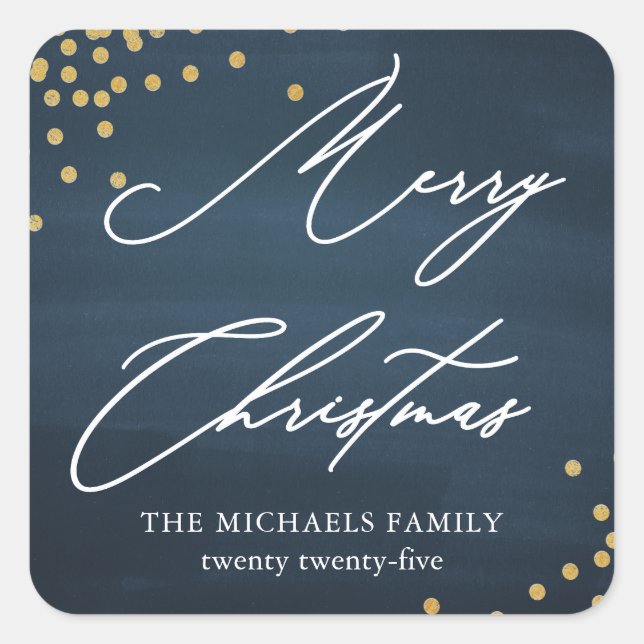 Blue Merry Christmas Elegant Script with Faux Gold Square Sticker (Front)