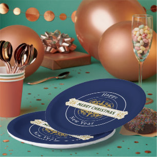 Blue Merry Christmas, Happy New Year Paper Plate