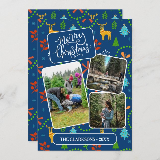 Blue Merry Christmas In The Forest Pattern Photo Holiday Card (Front/Back)