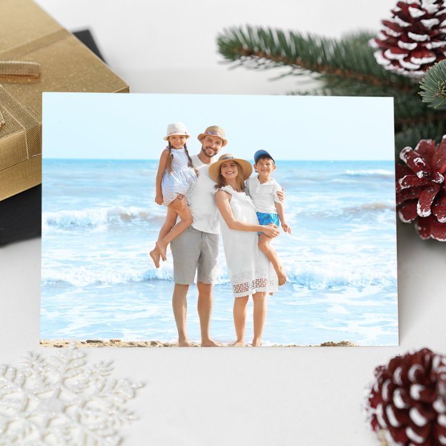 Blue Merry Christmas One Photo Beach Holiday Postcard (A great way to share your family vacation photos. )