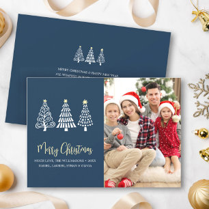 Blue Merry Christmas Photo Trees Script Whimsical Holiday Card