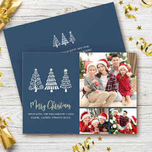 Blue Merry Christmas Photo Whimsical Trees Script Holiday Card