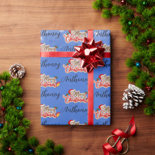Blue Merry Christmas Script Customised Name Wrapping Paper