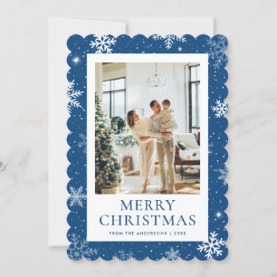 Blue Merry Christmas Snowflake Photo Holiday Card