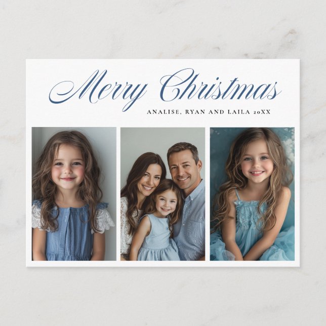 Blue Merry Christmas Three photo design Holiday Postcard (Front)