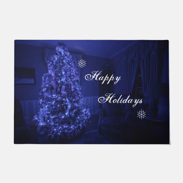 Blue Merry Christmas Tree Lights Doormat (Front)