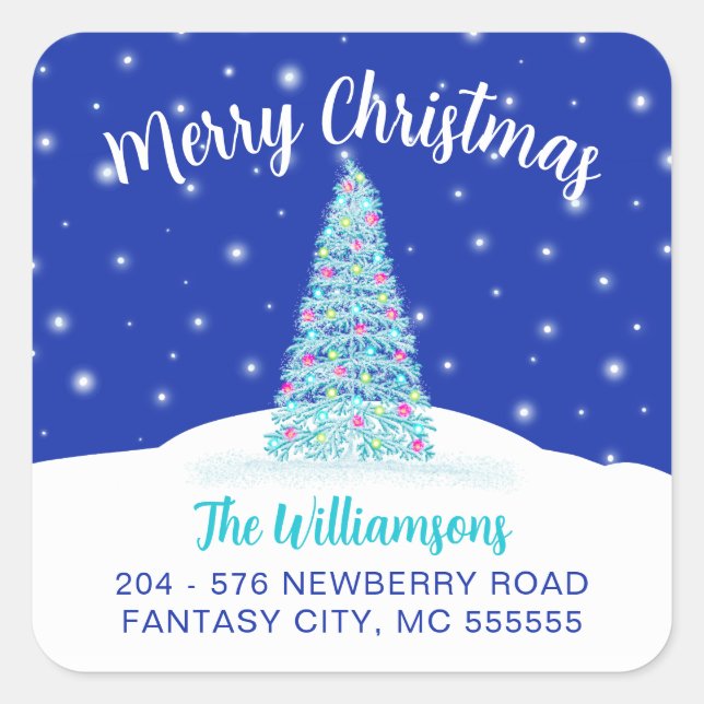 Blue Merry Christmas Tree Return Address Label (Front)