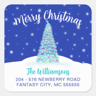 Blue Merry Christmas Tree Return Address Label