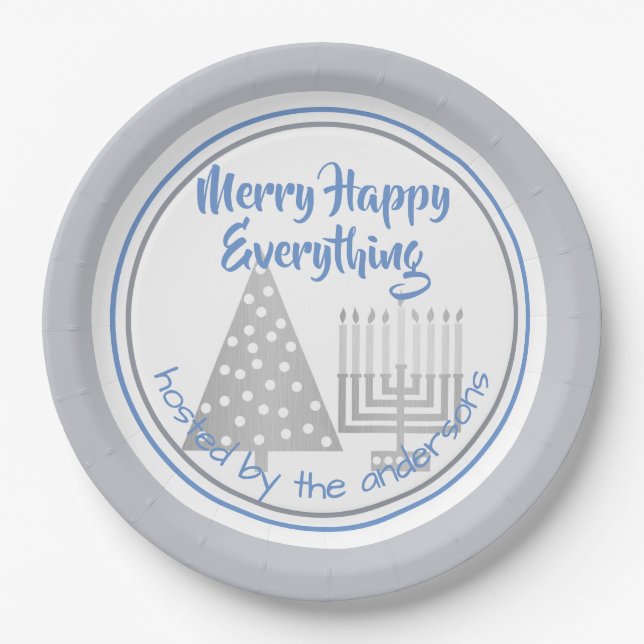 Blue Merry Happy Everything Party Chrismukkah Paper Plate (Front)