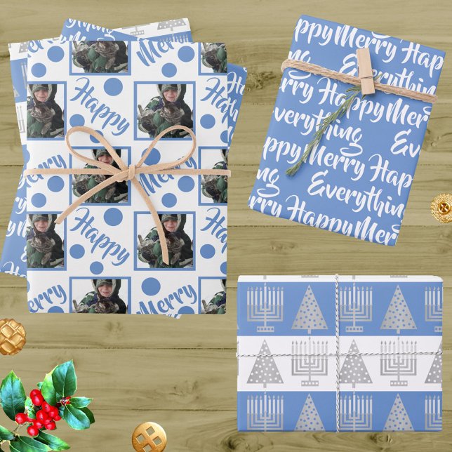 Blue Merry Happy Everything Photo Typography Wrapping Paper Sheet (Add your photo to this fun interfaith holiday wrapping paper assortment for Christmas and Hanukkah)