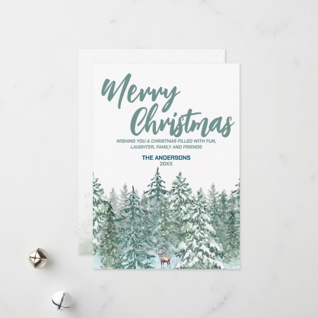 Blue Merry xmas trees forest Modern raindeer Holid Holiday Card (Front/Back In Situ)