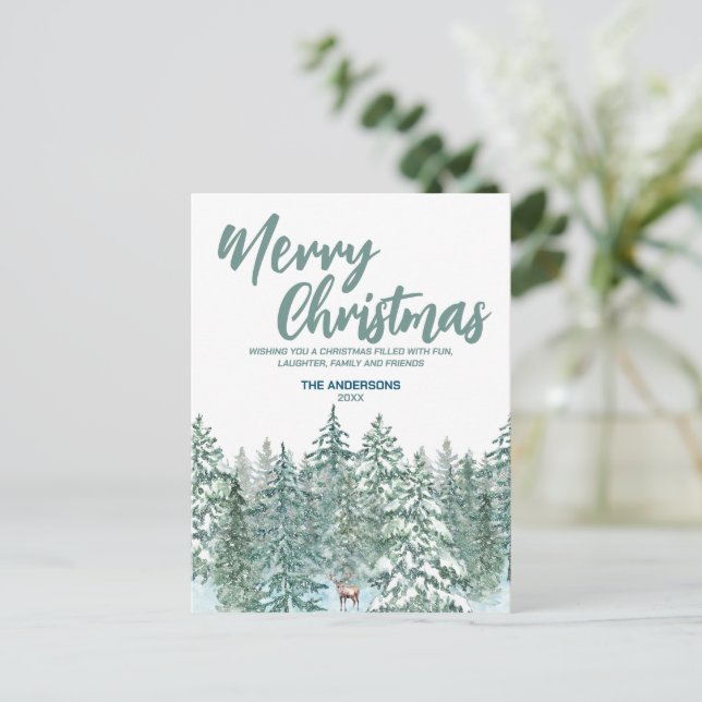 Blue Merry xmas trees forest Modern raindeer Holid Holiday Postcard (Standing Front)