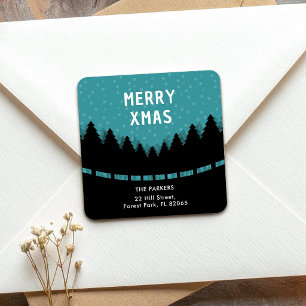 Blue Merry Xmas with trees and snow Square Sticker